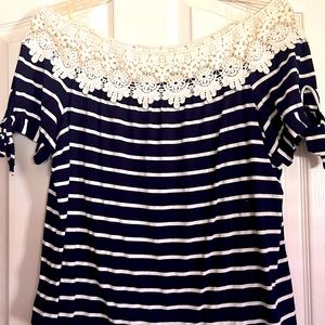 Cute off or on off the shoulder navy/white stripe women’s top